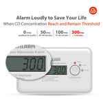 Load image into Gallery viewer, Wisualarm DHI-HY-GC20C carbon monoxide alarm with digital LCD display showing 300 PPM. The image includes a safety threshold chart explaining CO concentration levels from 0 PPM to 300 PPM and corresponding alarm response times.