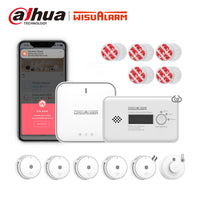 Wisualarm interlinked home safety kit including smart gateway, smoke detectors, carbon monoxide alarm, and heat sensor with mobile app notification interface.
