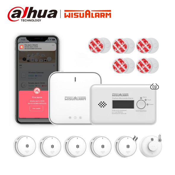 Wisualarm interlinked home safety kit including smart gateway, smoke detectors, carbon monoxide alarm, and heat sensor with mobile app notification interface.