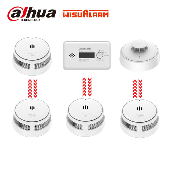 Wisualarm interlinked alarm set including smoke heat and carbon monoxide detectors for full home fire safety