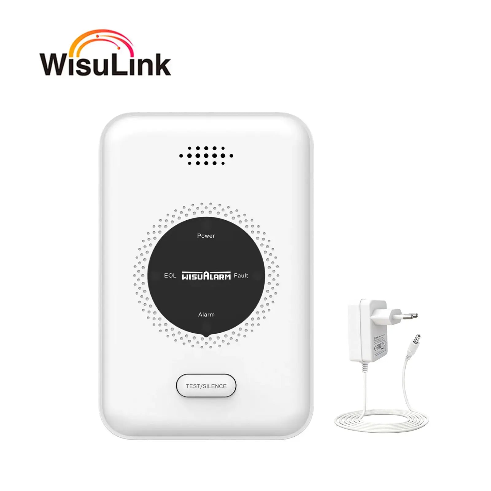 Wisualarm interlinked gas leak detector DHI-HY-GA20A-R8 on white background with EU power adapter for kitchen safety
